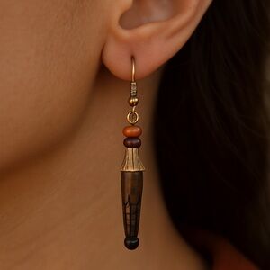 Dangle Earring Wood Beads goldtone pierced